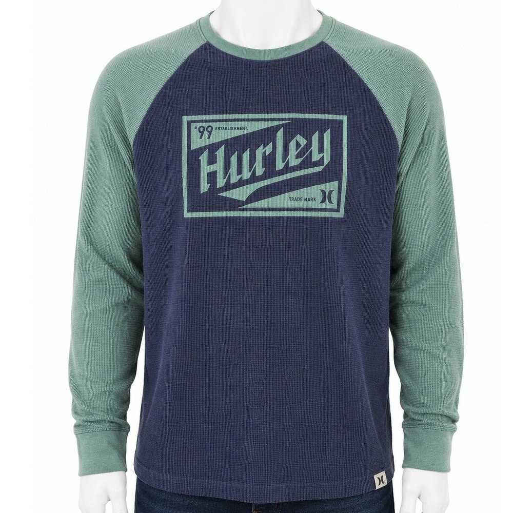 Hurley Men XL Waffle Knit Thermal Raglan Shirt Navy Blue Green Graphic Logo Flaw